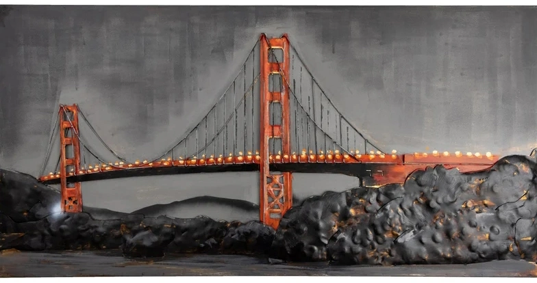 Vancy Arts Golden Gate Bridge Metal Wire Wall Art Wood Board Painting Embossed Galvanized Metal 3D Metal Wall Art Dropshipping